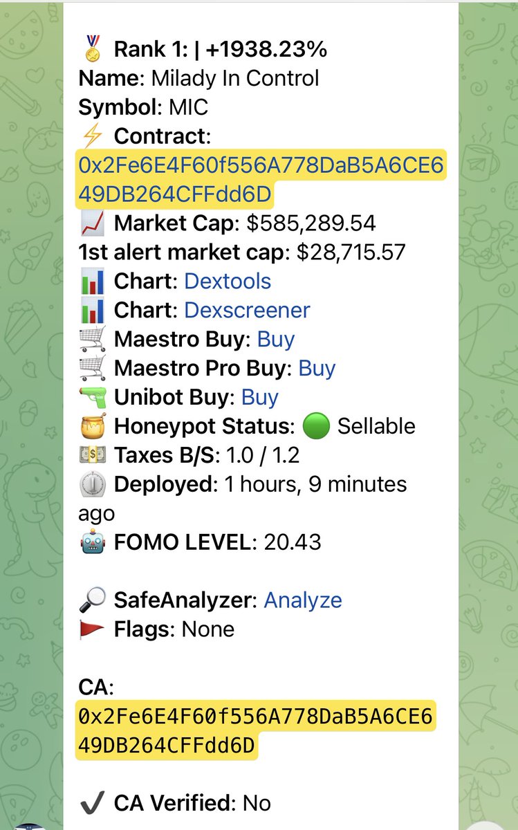 Fomoboterc's tweet image. Another banger 

#mic x20 $mic #milady 

#fomobot unstoppable 

#maestro #unibot #doge #dogearmy 

0x2Fe6E4F60f556A778DaB5A6CE649DB264CFFdd6D