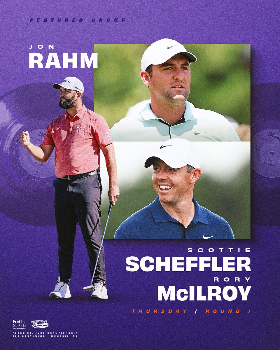 FedExChamp's tweet photo. Star power in Memphis! 🤩

Thursday's featured groups:

1. @JonRahmPGA
2. Scottie Scheffler
3. @McIlroyRory 

#FedExChamp | #FedExCup https://t.co/j4EJKxrxoP