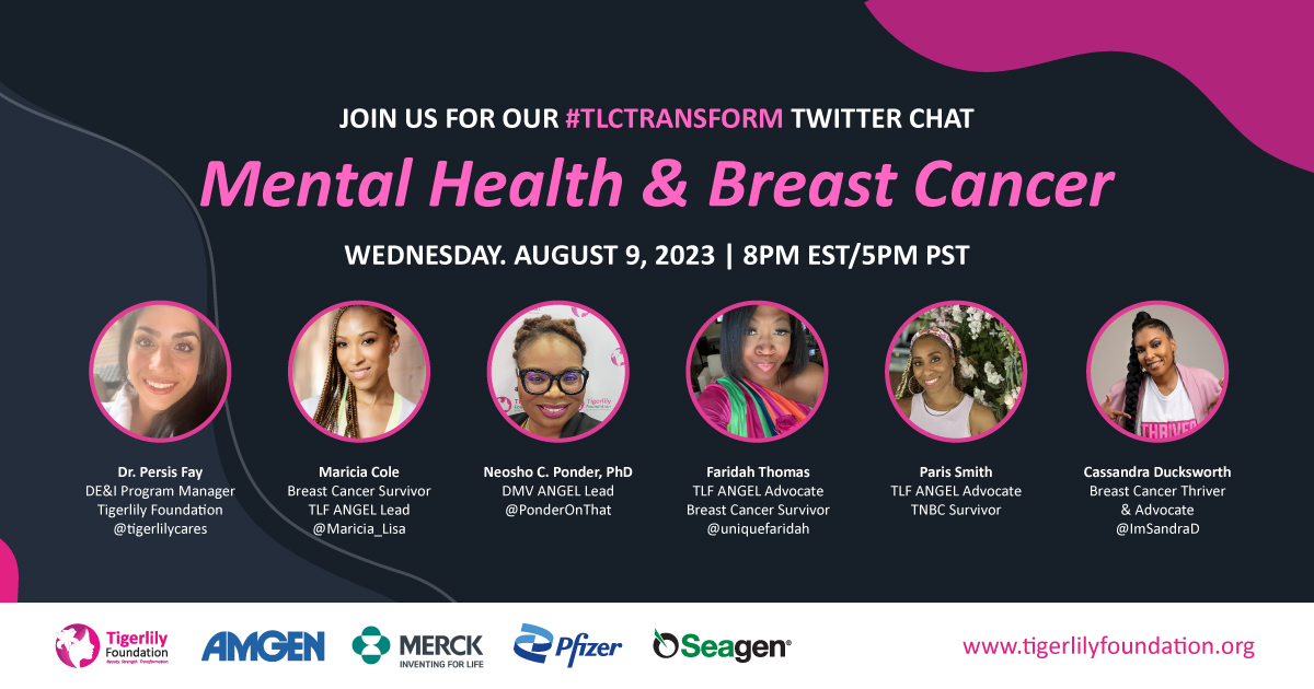 Join Tigerlily tomorrow evening  at 8pm EST as we host our August #TLCTransform twitter chat on #MentalHealth &amp; #BreastCancer 🩷 We'll be joined by ANGEL Advocates <a href="/PonderOnThat/">Ponder On That ♓👑</a>, <a href="/Maricia_Lisa/">maricia_lisa cole</a>, <a href="/uniquefarida/">farida changrua</a> , <a href="/ImSandraD/">Sandra Johnson-Henderson</a>, <a href="/prettygirl3313/">Beautifulwithms</a> &amp; our moderator Dr. Persis Fay 👏🏽
