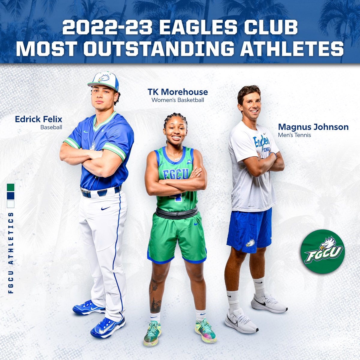 FGCUEagles's tweet photo. 2022-23 Eagles Club Most Outstanding Athletes ⤵️

⚾️ Edrick Felix
🏀 TK Morehouse 
🎾 Magnus Johnson

📰: https://t.co/bHWFJoy6bN

#WingsUp #FGCU 🤙🦅🌴 https://t.co/dDhKxvLv25