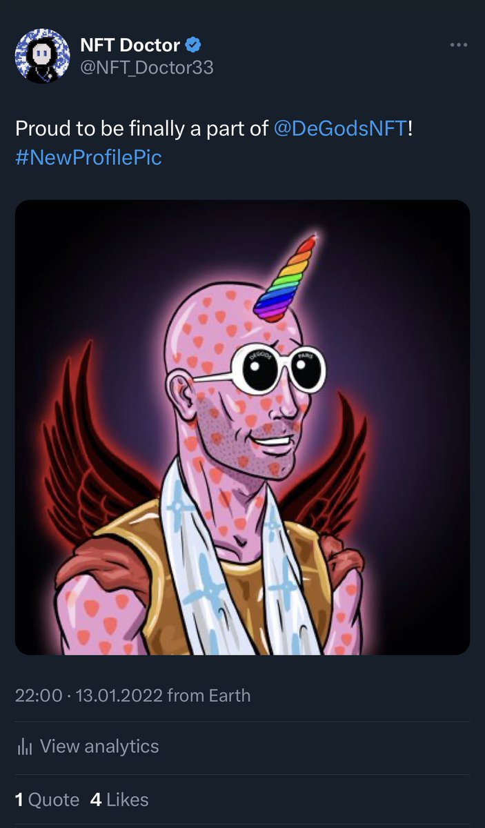 NFTDoctor33's tweet photo. Bought my first @DeGodsNFT at 5 SOL.

Now holding over 30 DeGods.

My level of conviction hasn’t changed a bit since the day one.

I’m so ready for SIII 🫡 https://t.co/Y6qVSJo9fU