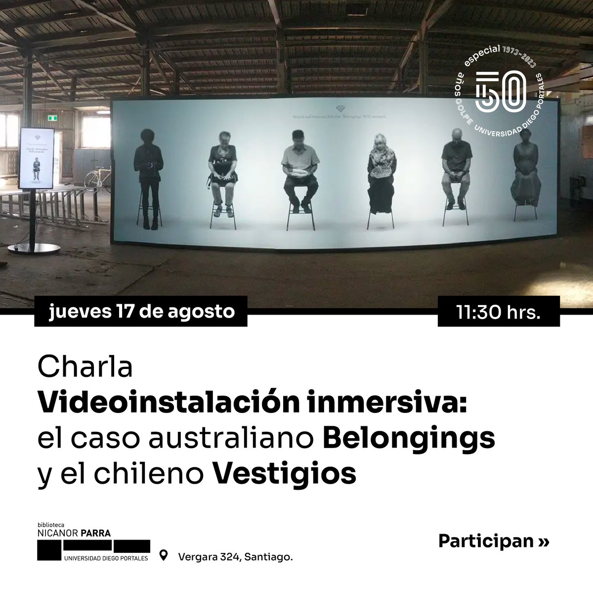 comyletrasudp's tweet image. 📆 En el marco de la conmemoración de los 50 años del Golpe, el @DigitalLabUDP, nuestra Facultad y el #CentroParalasHumanidadesUDP te invitan a la charla "Videoinstalación inmersiva: el caso australiano Belongings y el chileno Vestigios" 🤩