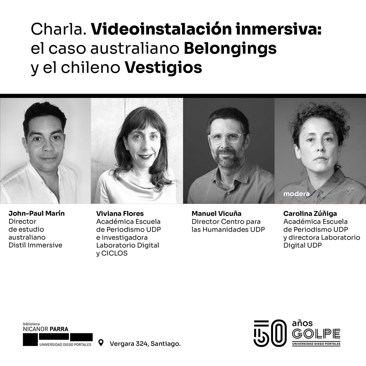 comyletrasudp's tweet image. 📆 En el marco de la conmemoración de los 50 años del Golpe, el @DigitalLabUDP, nuestra Facultad y el #CentroParalasHumanidadesUDP te invitan a la charla "Videoinstalación inmersiva: el caso australiano Belongings y el chileno Vestigios" 🤩