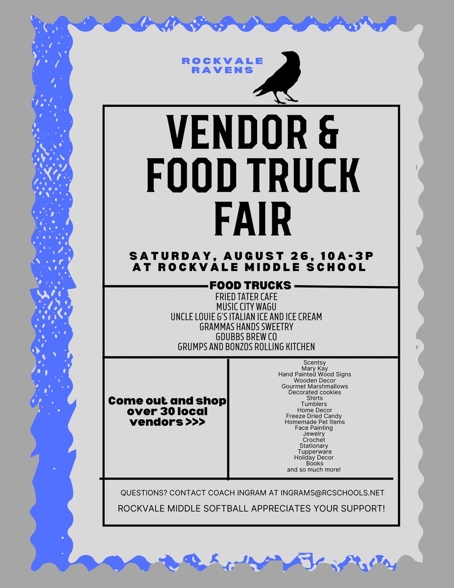 RMSRavens's tweet photo. Please help support our softball Vendor Food Truck Fair on August 26th. https://t.co/moj4gGr967