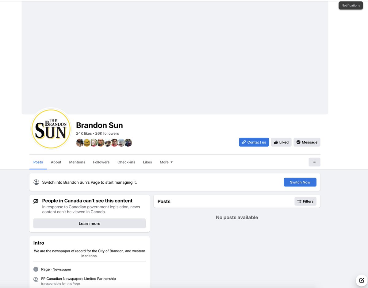 thebrandonsun's tweet photo. Meta made good on its threat to shut down access to Canadian media today, in Manitoba at least. Gone are @thebrandonsun @WinnipegNews @ChrisDca @CBCManitoba from Facebook. You can always find your news at https://t.co/DSGzTl7fj6 or buy a paper from a local news stand! #bdnmb https://t.co/e4bzfdHxGe