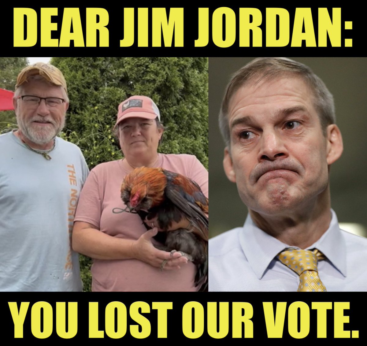 Hey Jim Jordan: I just met two chicken farmers in your district. Todd and Kendra. Todd: registered Republican for over 20 years. Kendra: an Independent. 

Now, they have one BIG thing in common: getting you the cluck out of office. For 3 key reasons: 🧵👇

1. You chose a wannabe