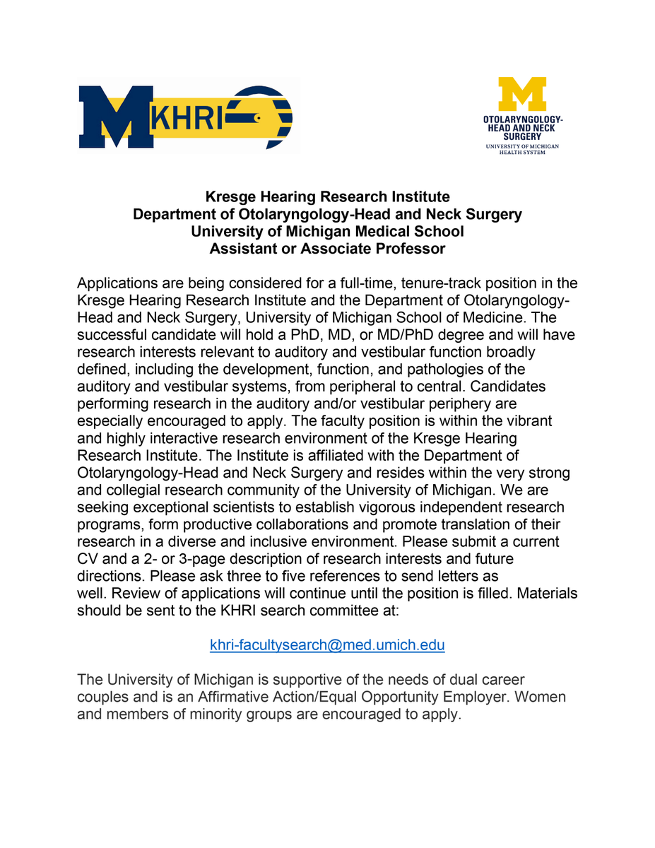 Michael Roberts (@robertsneuro) on Twitter photo We're hiring again! Tenure-track faculty positions available at the Kresge Hearing Research Institute <a href="/UMich/">University of Michigan</a>. Come join our innovative, growing, and supportive group of auditory and vestibular scientists. Details below. <a href="/UMichOto/">Michigan Otolaryngology</a> <a href="/UM_MNI/">Michigan Neuroscience Institute (MNI) 〽️🧠</a> <a href="/AROMWM/">ARO</a> <a href="/spARO_news/">spARO</a> We're hiring again! Tenure-track faculty positions available at the Kresge Hearing Research Institute <a href="/UMich/">University of Michigan</a>. Come join our innovative, growing, and supportive group of auditory and vestibular scientists. Details below. <a href="/UMichOto/">Michigan Otolaryngology</a> <a href="/UM_MNI/">Michigan Neuroscience Institute (MNI) 〽️🧠</a> <a href="/AROMWM/">ARO</a> <a href="/spARO_news/">spARO</a>