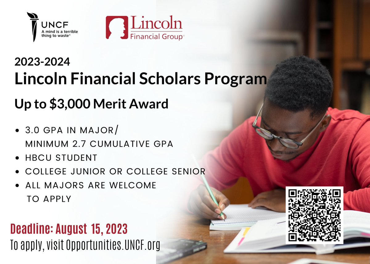 UNCF's tweet photo. Calling all HBCU juniors and seniors‼️ Elevate your future with the Lincoln Financial Scholars program. Gain skills for a smooth college-to-career transition. All majors are welcome to apply. Learn more &amp; apply today ➡️https://t.co/tDF8LATIgA

🗓️Deadline 8/15 https://t.co/yUa9maXkcB