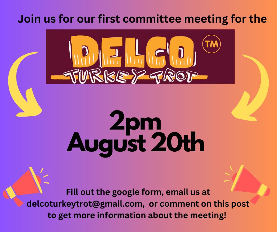 DelcoTurkeyTrot's tweet photo. Calling all turkey handlers!!! Join us for our first committee meeting for the 2023 Delco Turkey Trot (TM). Can't make the date? No sweat! Fill out the Google form so you can still be involved! https://t.co/CtXa7HMf3M https://t.co/gotDRz3JQ9