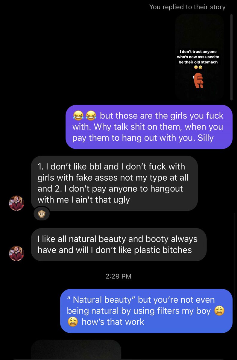 daiisyv77's tweet photo. Lmao! This guy is hilarious. I get if a bomb ass girl with bbl let him hit, he’d for sure tap that. Guys are bitches now a days. 
#menthatusefilters #stfu https://t.co/ytFchaHCgh