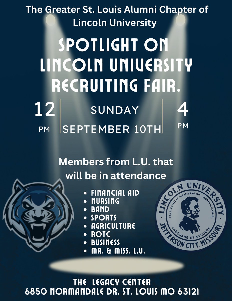 MrWilsonSTL11's tweet photo. LU is coming to St. Louis on Sept 10th, 2023. Please bring out your high school students to witness greatness! #HBCU #therealLU #BlueTigers https://t.co/MshELCzXC4