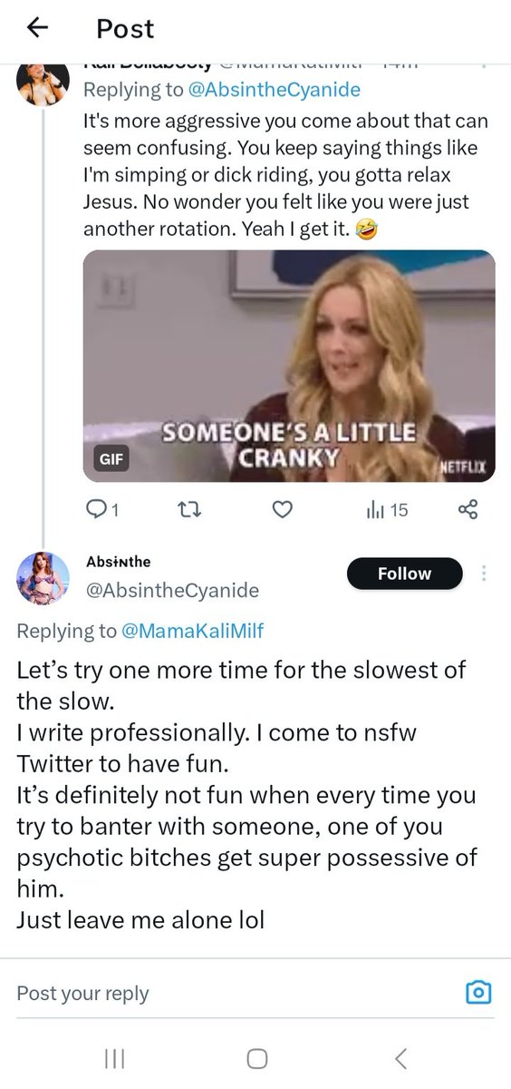 // I suggest no one ever comments or tempts to write with this individual. Honestly I was just being playful, and you all know me I'm extremely loving and accepting but... For some reason they just got extremely petty for no reason. Remember to always be respectful too. 🤗