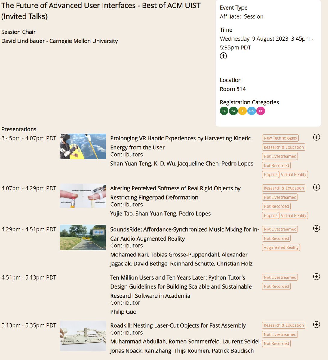 Hi #siggraph2023. Interested in Human-Computer Interaction,  VR, haptics, fabrication, sound design or advanced tutoring software? Don't miss the session **The Future of Advanced User Interfaces - Best of <a href="/ACMUIST/">ACM UIST</a>** on Wednesday.