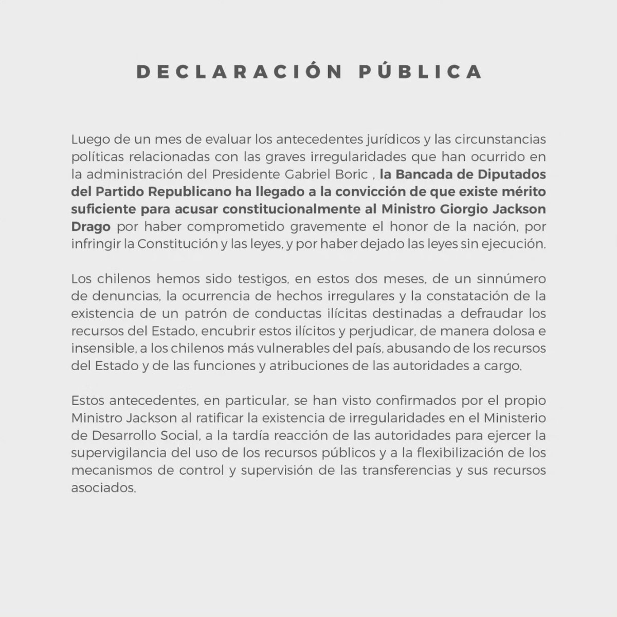 DipRepublicanos's tweet photo. 🚨AC CONTRA MINISTRO JACKSON🚨
#acusacionconstitucionaljackson #acjackson #boric #RepublicanosChile #partidorepublicanodechile https://t.co/pLKomsyLaf