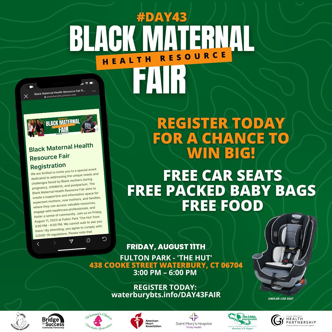Join us this Friday at 3:00 pm in Fulton Park for our Black Maternal Health Resource Fair. 🌟 Register now for a shot at winning a brand new car seat or a super chic baby bag – essentials that every parent needs!

Register Today: waterburybts.info/DAY43FAIR 

#WaterburyCT