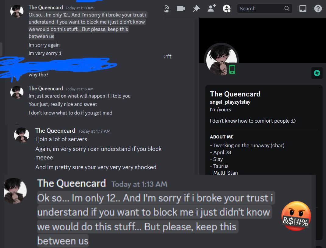 FoxzVtuber's tweet photo. I’m gonna say this as nice as I can if you are under 18 and the server says 18+ please F*** off. 
He legit is fucken 12!!!!
Please if your server is 18plus you may wanna ban him or check your servers cause he said
 “I join a lot of servers”
Discord name: angel_playzytslay
⚠️Spread the word⚠️