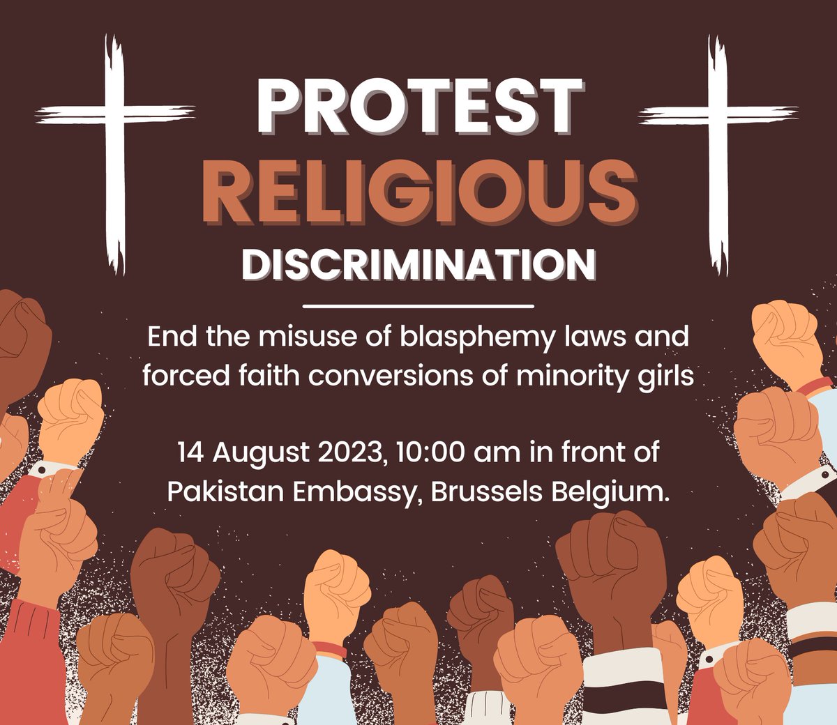 Voice4Justice7's tweet photo. Join us in #Protesting against #Religious #Descrimination in #Pakistan
14 August 2023
10:00 am
In Front of Pakistan Embassy, #Brussels, #Belgium
#BlasphemyLaws #ForcedConversions #ChildMarriages #Minorities #Christian #UnSave #Girls #Women
@UN
@UN_HRC
@JosephjansenVFJ
@JubileeC https://t.co/EuxRyPcZbR