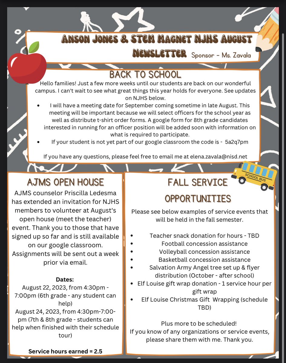 Jones_NJHS's tweet photo. August newsletter 🤓🍎✏️

If you are a parent/guardian of a current member and not receiving updates via email please let Ms. Zavala (@EZavala_NISD) know. https://t.co/0lP5PgwJB8