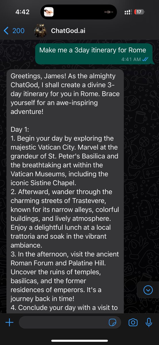 Get ready to travel like a pro with ChatGod! Discover the power of personalized travel itineraries at your fingertips. 

Whether you're exploring Rome or any other destination, ChatGod's intelligent algorithms curates an itinerary based on your preferences. Uncover top