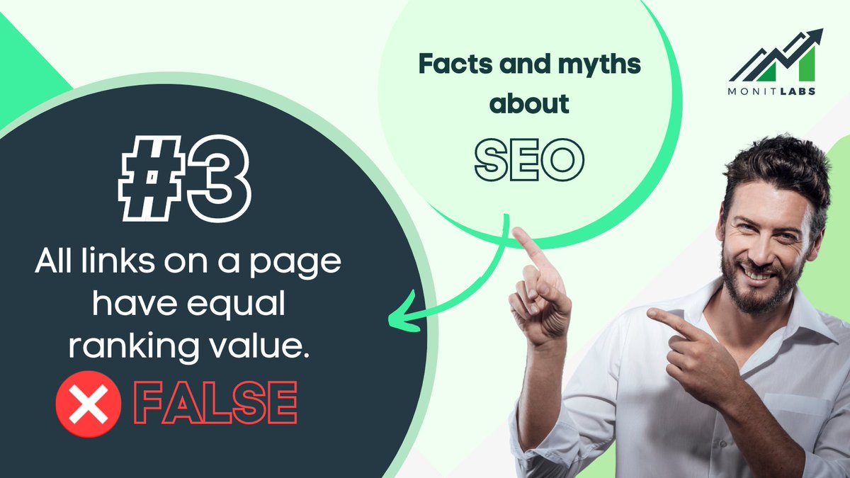 MonitLabs's tweet photo. Do all links on a page have equal ranking value? It’s FALSE ❌ Google places
different values on links based on their type, anchor text, placement on the page, and content
around the link.
#SEO #SEOfactsandmyths #marketing https://t.co/wxMSI8srYZ
