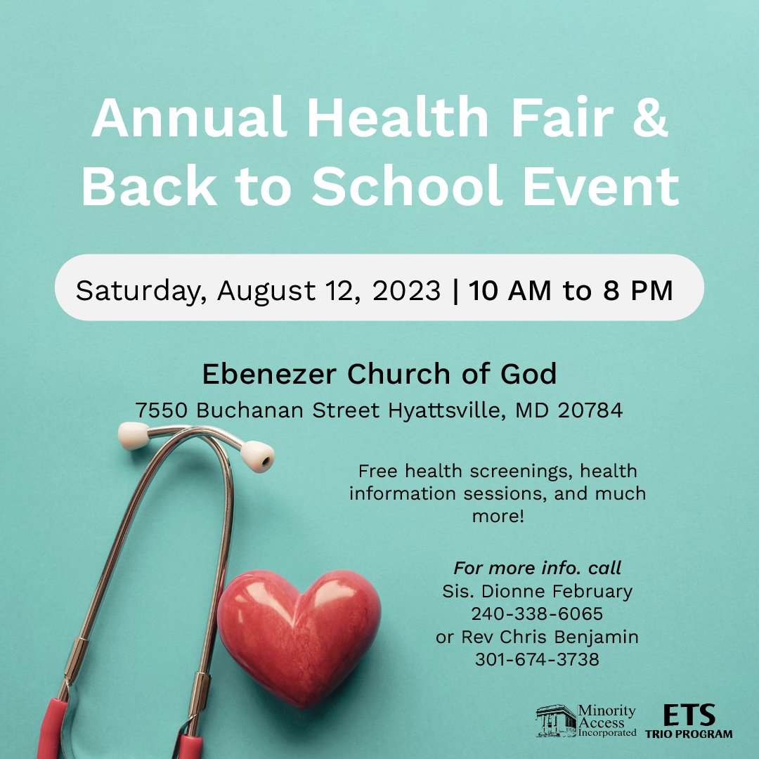mai_etsprogram's tweet image. Join the Annual Health Fair &amp;amp; Back to School Event! Hosted at the Ebenezer Church of God, 7550 Buchanan Street Hyattsville, MD 20784, on August 12, 2023. Free health screenings, health information sessions, and much more! #HealthFair2023 #BacktoSchool2023 #HealthyLiving