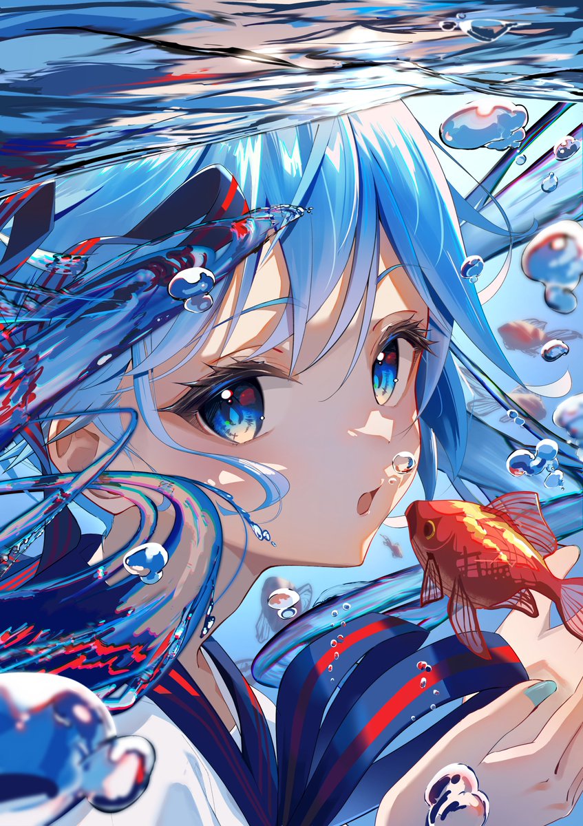 hatsune miku 1girl fish blue eyes goldfish blue hair solo liquid hair  illustration images