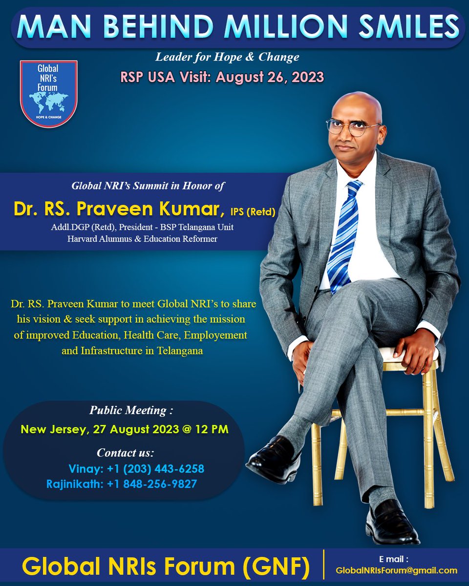 globalnrisforum's tweet photo. Dr RS Praveen Kumar #RSP will be visiting USA starting August 26th. More details to follow

@RSPraveenSwaero @TManoharSwaero @Nallollasrikan2 @PrashantSwaero https://t.co/tgnRICg8bI