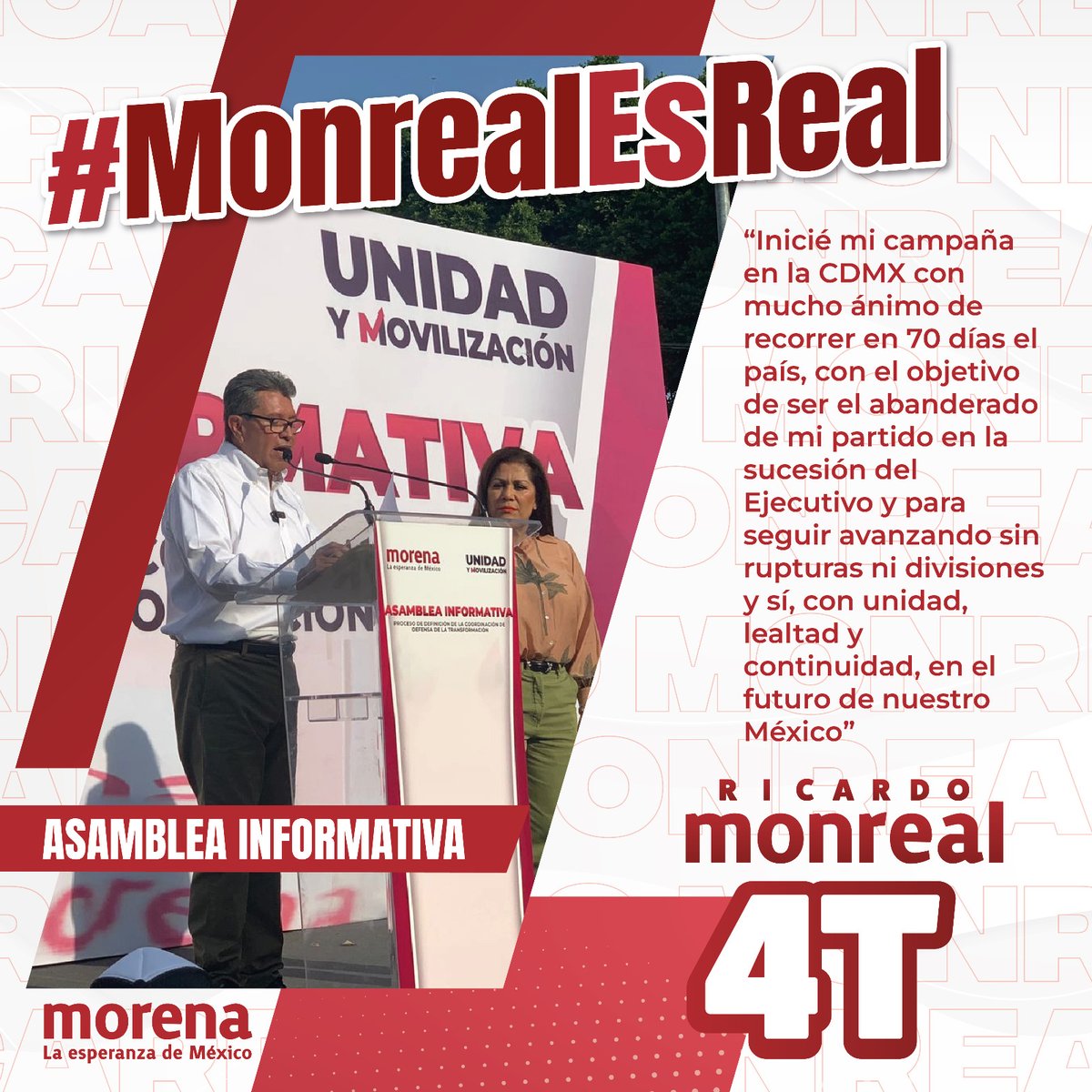 ReconciliaNL's tweet photo. "Inicié mi campaña en la CDMX con mucho ánimo de recorrer en 70 días el país, con el objetivo de ser el abanderado de mi partido en la sucesión del Ejecutivo, con unidad, lealtad y continuidad, en el futuro de México". @RicardoMonrealA
#yoconmonreal #monrealnosune https://t.co/uif6HUp7tL