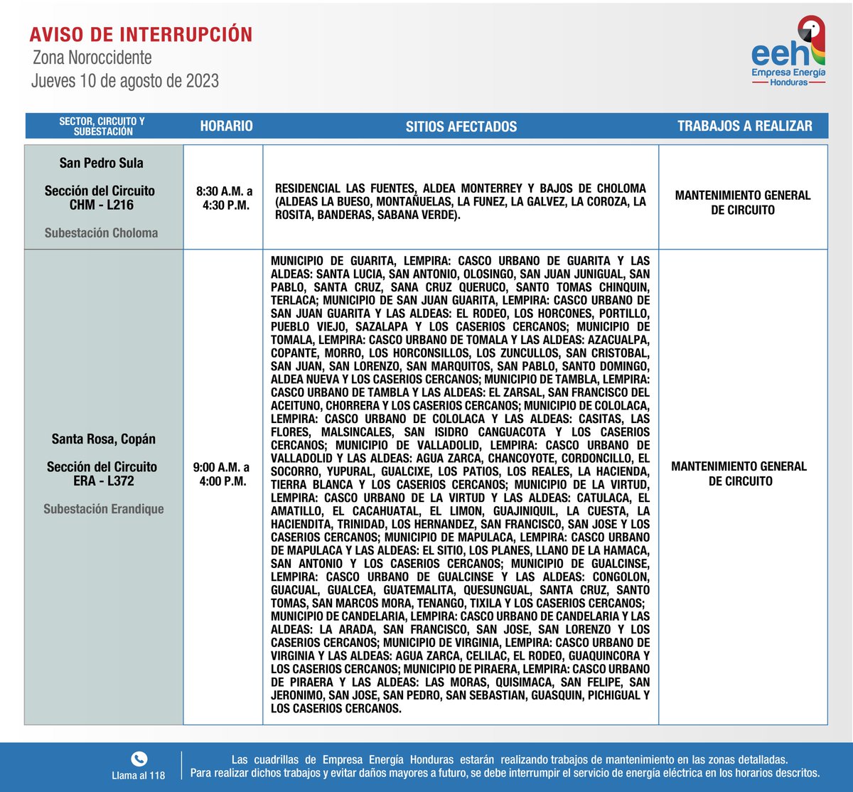 EnergiaHonduras's tweet photo. #EEHTeInforma Compartimos avisos de interrupción del servicio de energía programados para el jueves 10 de agosto de 2023. Recuerda tomar las medidas de precaución necesarias. https://t.co/WgQBx13lTp