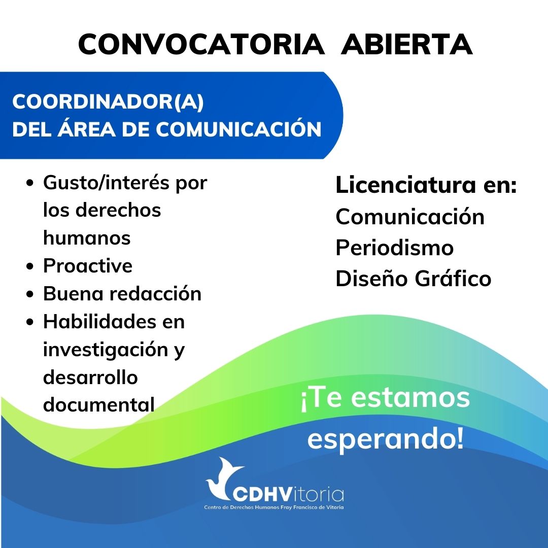 CentroVitoriaMX's tweet photo. Únete al #CentroVitoria
¿Te gustaría formar parte de nuestro equipe?
#JuventudesDefensoras
#DerechosHumanos 
#vacante 
Consulta la convocatoria completa aqui
👉🏾 https://t.co/KzbHLHEkDc https://t.co/X67nlDzsyk