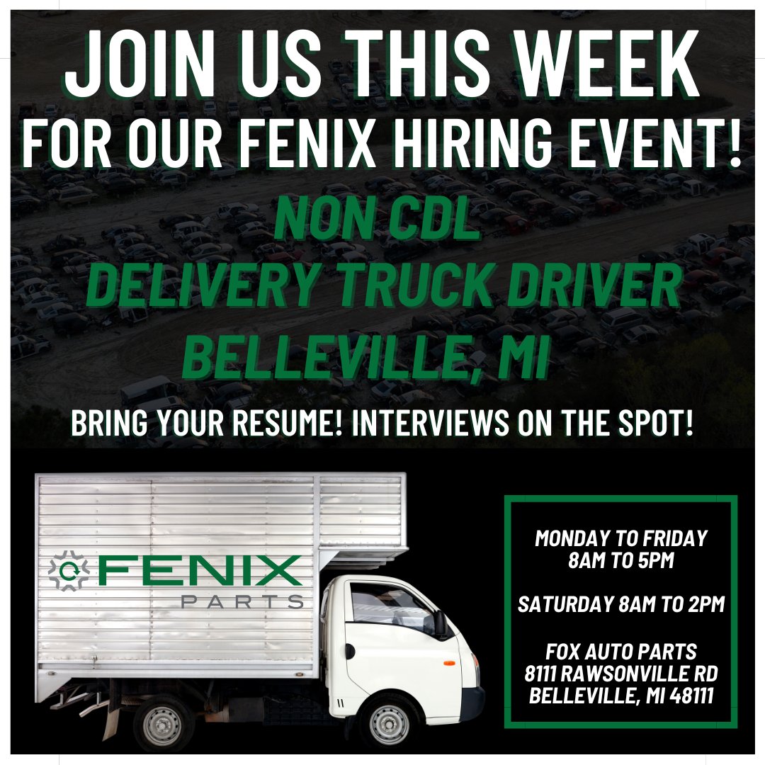 Fenix_Parts's tweet image. Looking for a career change? Fenix Parts is hosting a hiring event THIS WEEK at our newest location. Come out to our new location in Belleville, Michigan to interview on the spot! 

Monday to Friday 8 AM to 5 PM
Saturday 8 AM  to 2 PM
