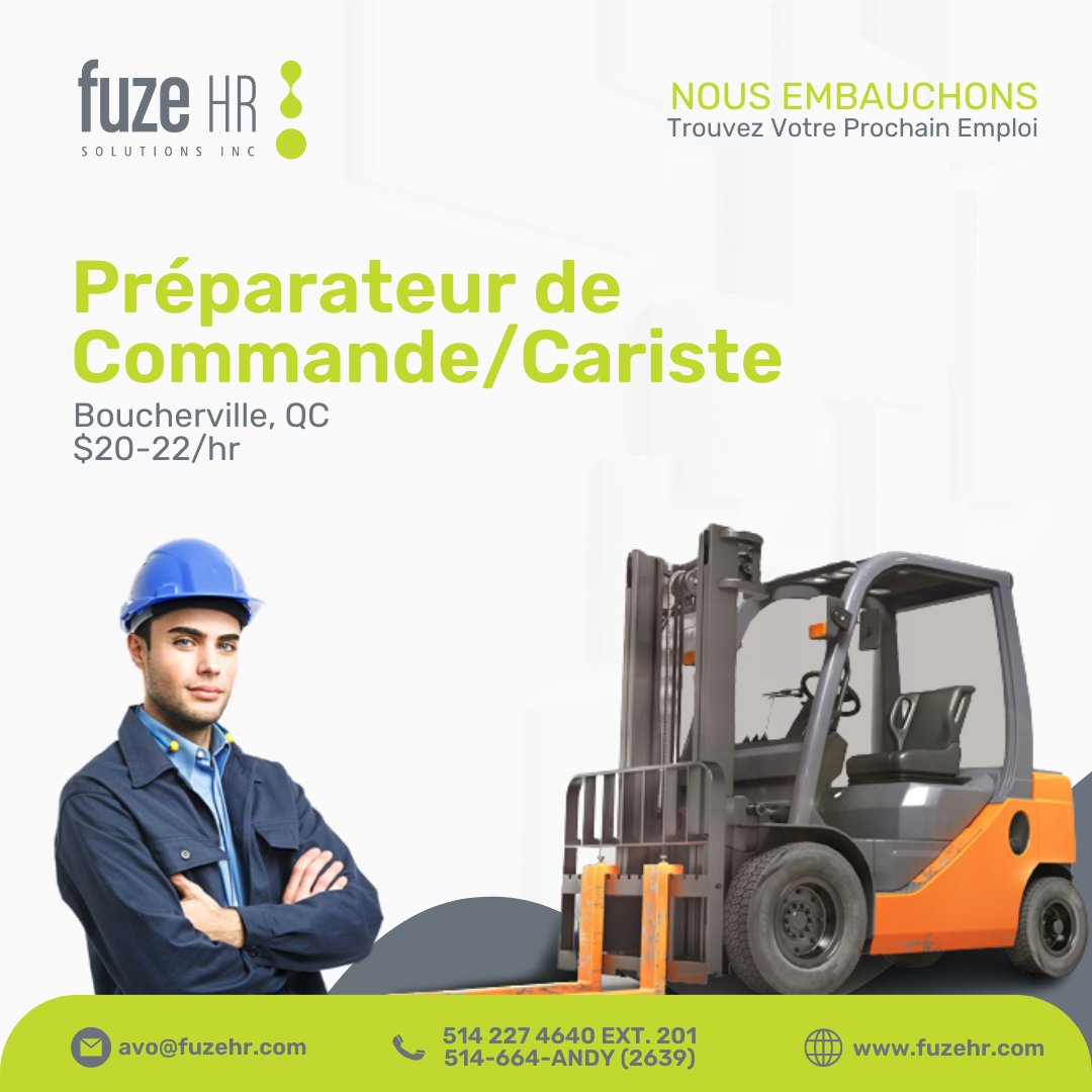 FuzeHR's tweet image. #NousEmbauchons à Boucherville, Québec !
Joignez-vous à notre équipe en tant que préparateur de commandes/opérateur de chariot élévateur.

Salaire compétitif de 20-22$/hr.

Postulez maintenant en nous contactant à avo@fuzehr.com

#OrderPicker #ForkliftOperator #Boucherville