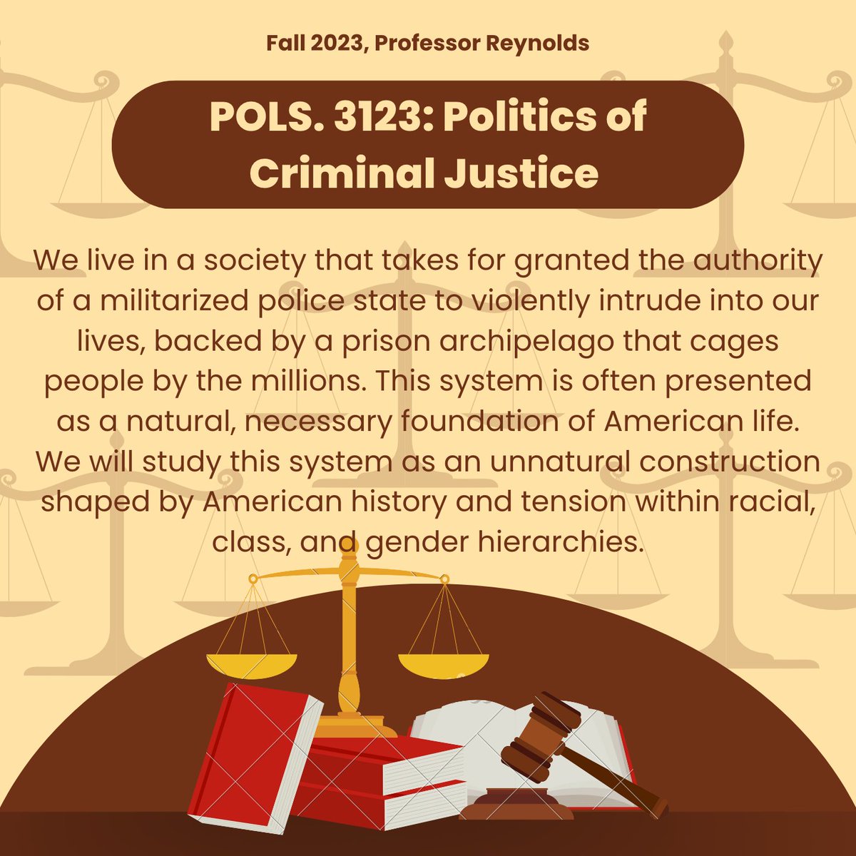 Enroll TODAY!!

We will investigate the concepts that underlie this system. What is order, and how is order constructed through policing? What is crime? Who are the people cast as criminals, and the people cast as victims? What is justice?
