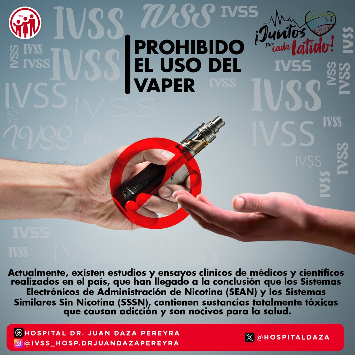 HospitalDaza's tweet photo. #IVSSInforma | La salud es lo primero, dile no al uso de vaper, cuida tus pulmones y el de los demás, tomemos conciencia y no caigamos en este vicio.
#JuntosPorCadaLatido
@NicolasMaduro 
@MagaGutierrezV 
@ivssoficial1 
@AdolfoP_Oficial https://t.co/I5df7z13Po
