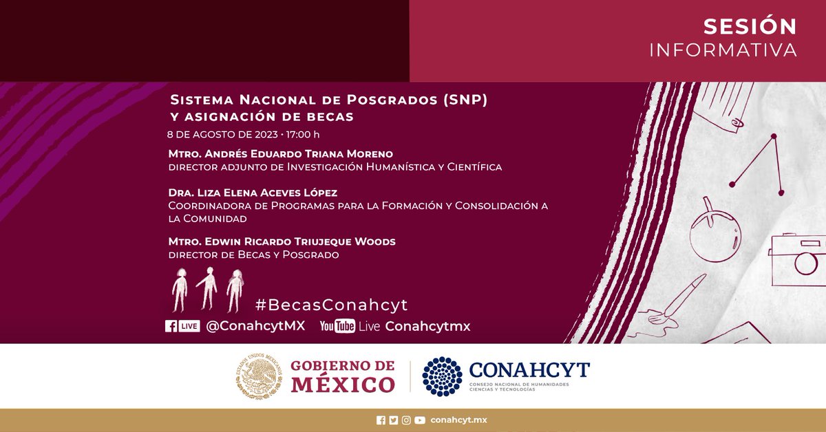Secihti_Mx's tweet photo. #SesiónInformativa | Sobre el Sistema Nacional de Posgrados #SNP y Becas Nacionales #Conahcyt en el marco de la #LeyGeneralHCTI.   

🗓 8 de agosto 2023 
🕔 17:00 h 
➡️ https://t.co/tHRNG0i5ze https://t.co/m81wJAZqU1
