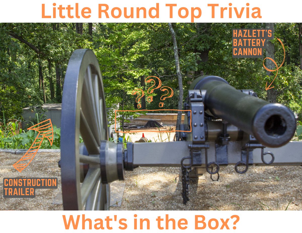 We're changing it up a bit for today's Little Round Top rehabilitation project update. This photo was taken from the summit next to a cannon of Hazlett's Battery, but what's in the box at the center of the picture? Reply below with your guess. We'll have the answer tomorrow.