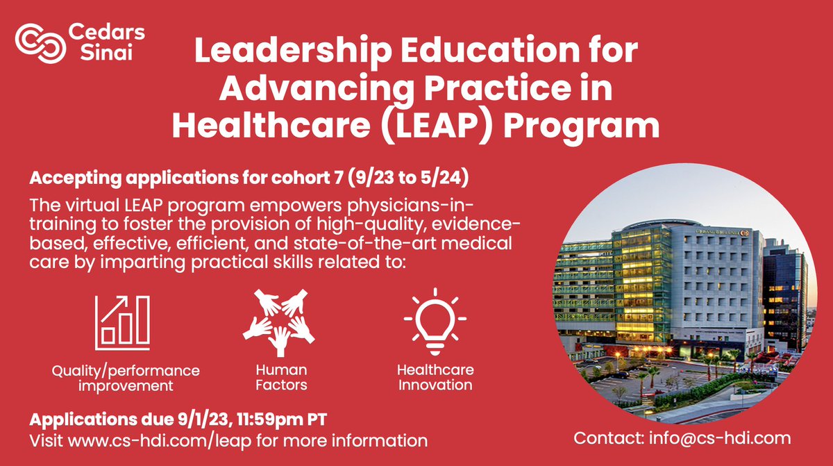 📣 Exciting news! Applications now open for the 2023-2024 LEAP Program 🚀. Enhance skills in Human Factors, Healthcare Innovation, & Quality/Performance Improvement 🏥🌟💡. Apply by 9/1/23 for consideration! Visit cs-hdi.com/leap for more info.