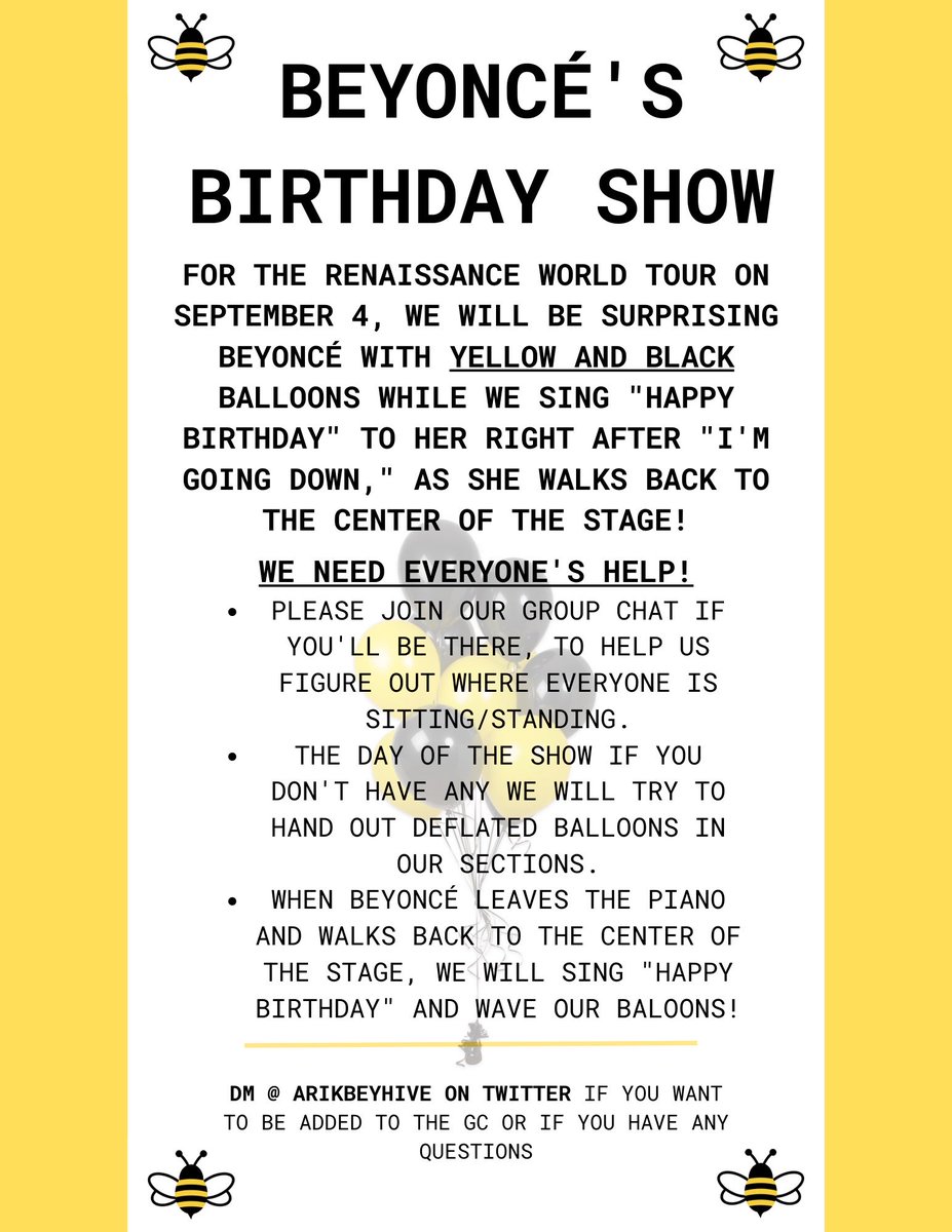 arikbeyhive's tweet image. BeyHive, please join us in celebrating BeyoncΓ©βs BDAY during the #RENAISSANCEWorldTour on 9/4 at SoFi Stadium!
Weβre going to sing βHappy Birthdayβ with yellow and black balloons! Please help spread the word! ππ€π
More details below: