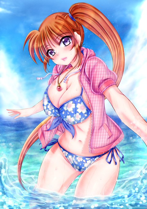 夏らしく、なのはさんの水着イラストを描きました～
差分はパーカー無し。
※センシティブに引っかかったらごめんなさい! 