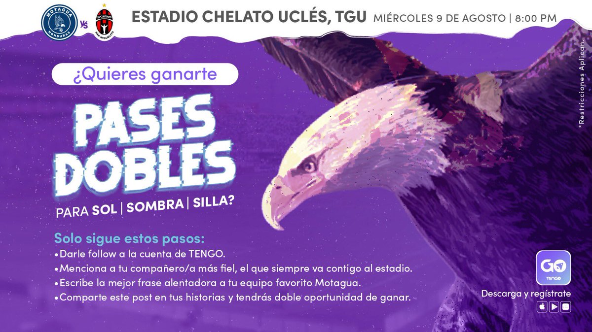 TENGOHonduras's tweet photo. ¡Todos con el ciclón azul! 🦅💙

Gánate 𝗽𝗮𝘀𝗲𝘀 𝗱𝗼𝗯𝗹𝗲𝘀 🎟️ para Sol, Sombra o Silla. 🥳
Sigue estos pasos:
👉🏻Follow página de TENGO
👉🏻Dar retweet y like al post
👉🏻Menciona a tu compañer@ más fiel que te acompaña al estadio y escribe una frase alentadora para @MOTAGUAcom https://t.co/xPfj8VISDk