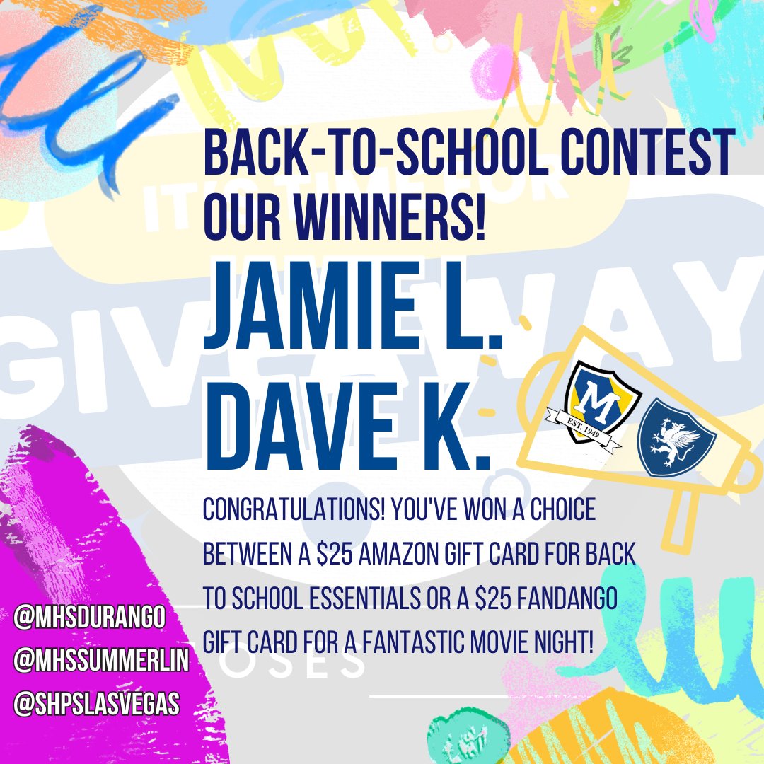 MHSSummerlin's tweet photo. ππ Congratulations, Jaime and Dave! ππ
We're thrilled to announce you as the WINNERS of our Back to School Contest!
ππ₯³ Thank you to everyone who participated β stay tuned for more exciting contests and giveaways. ππ
#MHSSummerlin #LasVegas #BackToSchool https://t.co/3yA67khyVD