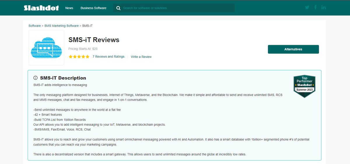 smsit_ai's tweet image. We're thrilled to share that SMS-iT has clinched the prestigious Top Performer Award from Slashdot – the ultimate destination for software reviews and comparisons worldwide!
Click here to view our award - slashdot.org/software/p/SMS…
#SMSiT #Slashdot