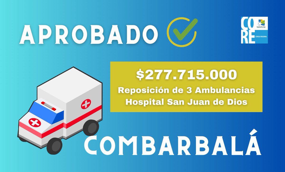 CORE Coquimbo (@corecoquimbo) on Twitter photo 🔵APROBADO🔵 Con una inversión superior a los $277 millones, nuestro CORE aprueba urgencia presentada por <a href="/KristNaranjoGob/">Krist Naranjo</a> para reponer 3 ambulancias 4x2 para el Hospital San Juan de Dios de #Combarbalá.
Son más de 13 mil beneficiarios con esta iniciativa para una #MejorSalud. 🔵APROBADO🔵 Con una inversión superior a los $277 millones, nuestro CORE aprueba urgencia presentada por <a href="/KristNaranjoGob/">Krist Naranjo</a> para reponer 3 ambulancias 4x2 para el Hospital San Juan de Dios de #Combarbalá.
Son más de 13 mil beneficiarios con esta iniciativa para una #MejorSalud.