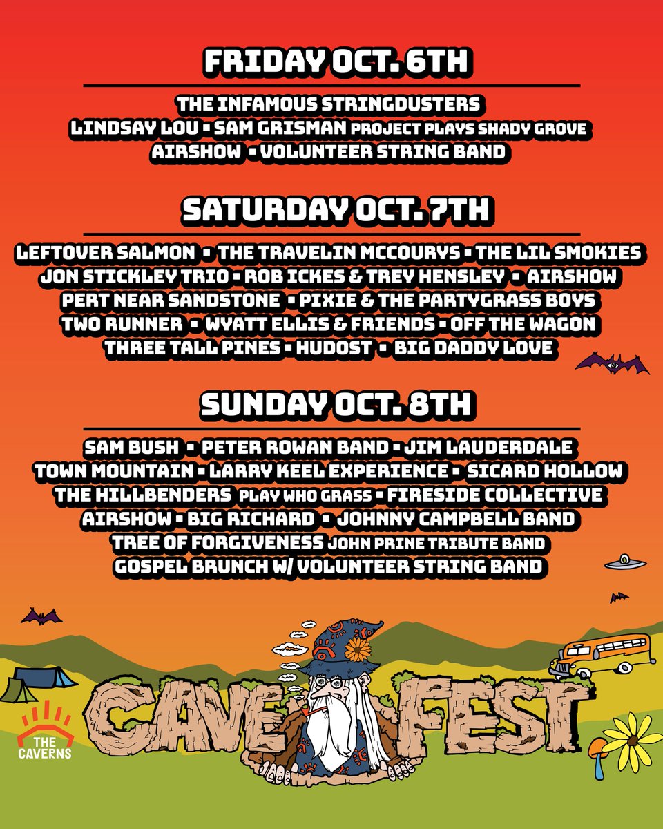 Who's playing, what day? Daily line-ups dropped for #CaveFest at The Caverns, October 6-8. Very limited early bird tickets left before we go up a tier, get 'em here: tixr.com/e/64427