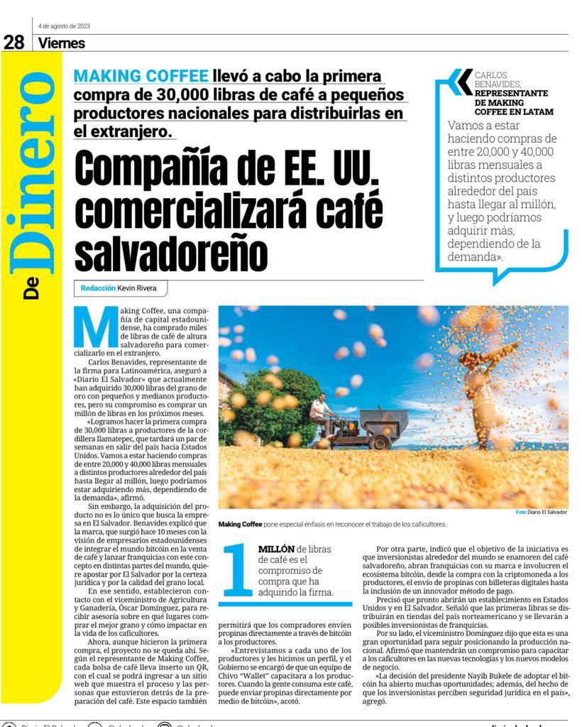 Hey we're on the news.

The main news newspaper in El Salvador talks about <a href="/Making_Coffee_/">B R E W B L O C K 🧱</a> on its page 28.

We are making history, #Bitcoin and Salvadoran Coffee ☕️ is now a reality. 

VERIFIED! 😶

Thanks <a href="/elsalvador/">Diario El Salvador</a> 🇸🇻⭐️