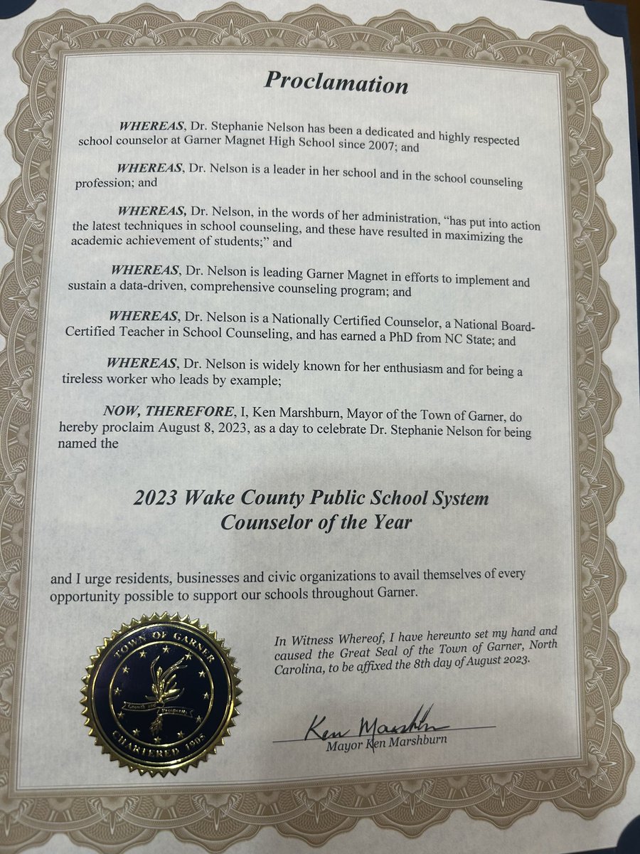 Town Council recognized Dr Stephanie Nelson for being the WCPSS School Counselor of the Year at tonight’s meeting. Dr Nelson, you positively impact our building every single day and we are so proud of you! 💙💛