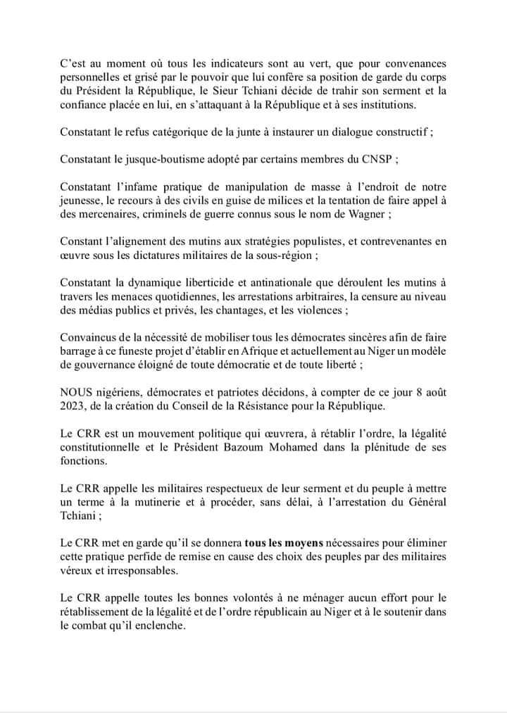 actuniger's tweet photo. #Niger #CNSP
L'ancien ministre et ex chef rebelle Rhissa Ag Boula annonce la création d'un Conseil de la Résistance pour la REPUBLIQUE (#CDR)
@actuniger https://t.co/yCIJyEMwGE