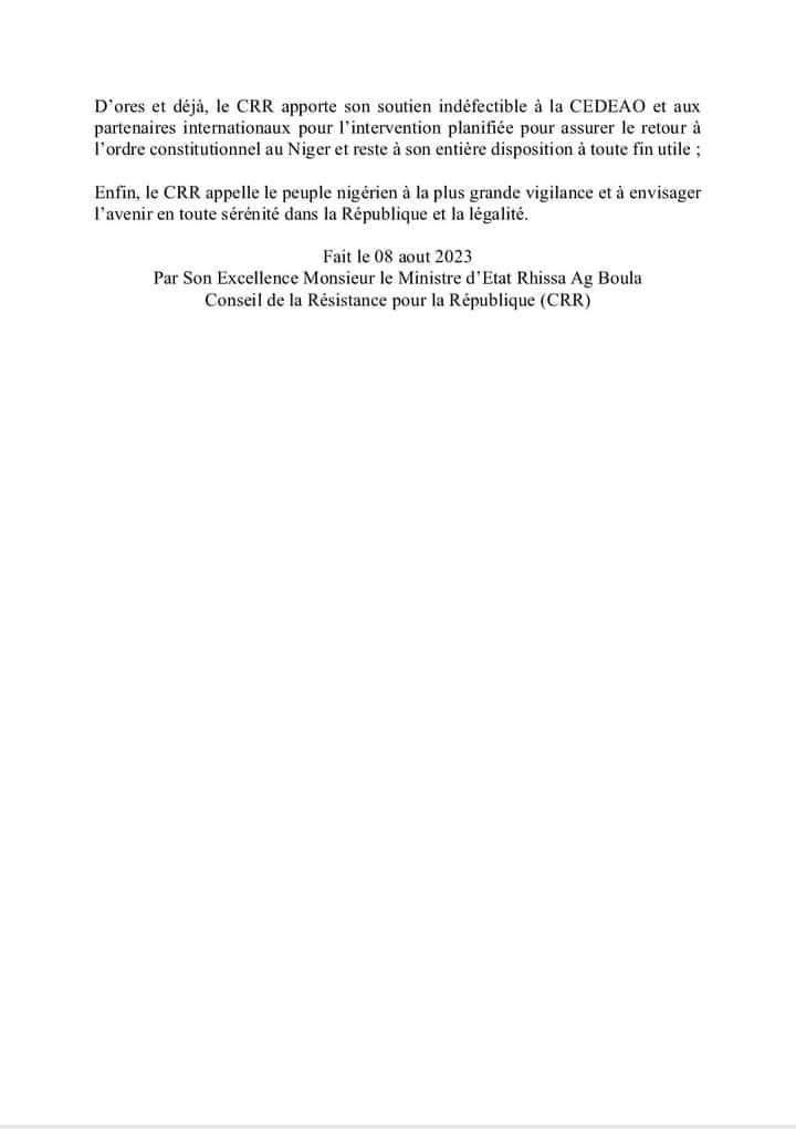 actuniger's tweet photo. #Niger #CNSP
L'ancien ministre et ex chef rebelle Rhissa Ag Boula annonce la création d'un Conseil de la Résistance pour la REPUBLIQUE (#CDR)
@actuniger https://t.co/yCIJyEMwGE