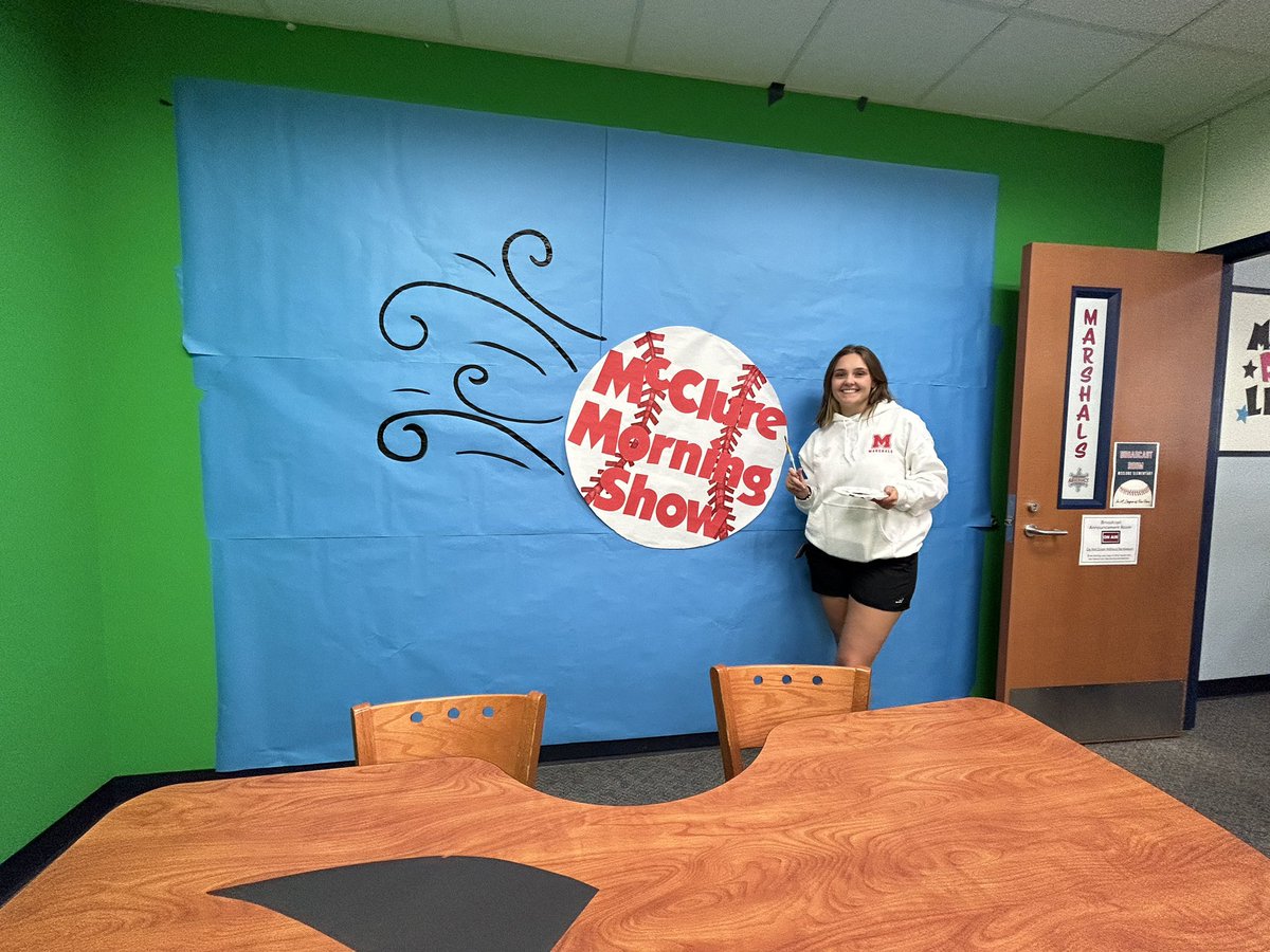 The broadcast room is ready for Morning Announcements tomorrow! ⚾️❤️🖌️ Thank you to Ms. Norsworthy for helping us hit it out of the park! #McClureMarshals #WeAreMcKinney