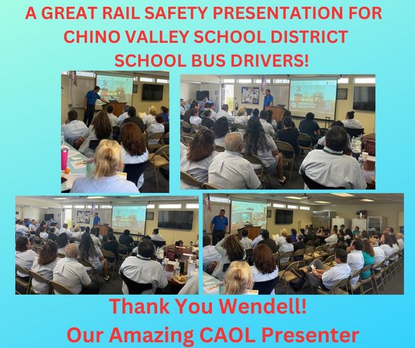Message from @CAOpLifeSaver: Thank you Chino Valley Unified School District for inviting California Operation Lifesaver to your #SchoolBusDriver In-service.  Thank you Wendell, our CAOL Presenter, for sharing our #RailSafetyEducation! #SeeTracksThinkTrain